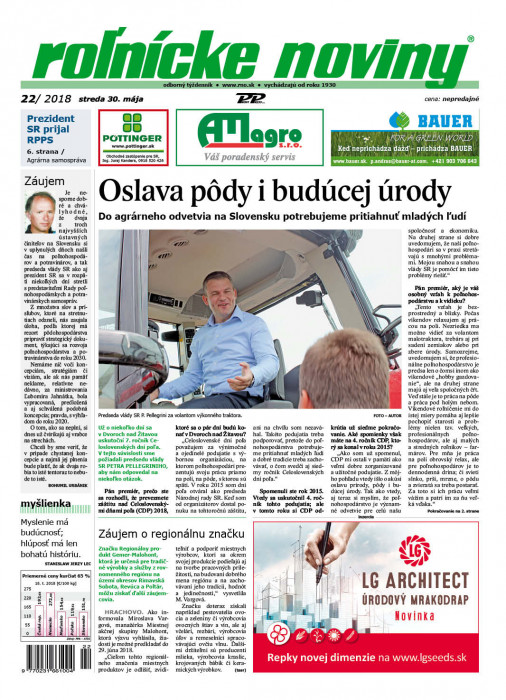 Obálka titulu Rolnické noviny - vydanie č. 22/2018