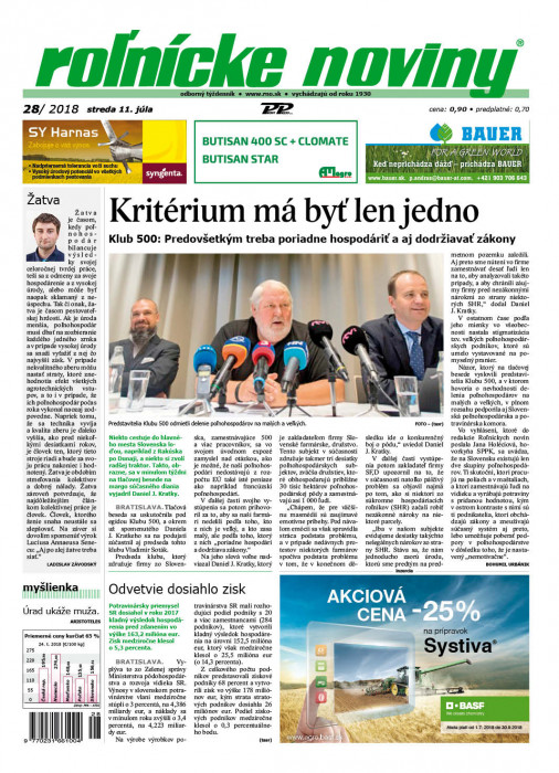 Obálka titulu Rolnické noviny - vydanie č. 28/2018