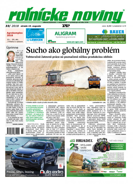 Obálka titulu Rolnické noviny - vydanie č. 33/2018