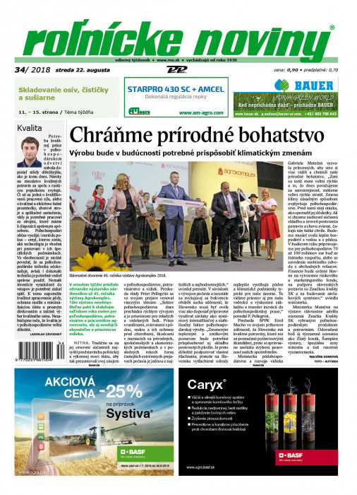 Obálka titulu Rolnické noviny - vydanie č. 34/2018