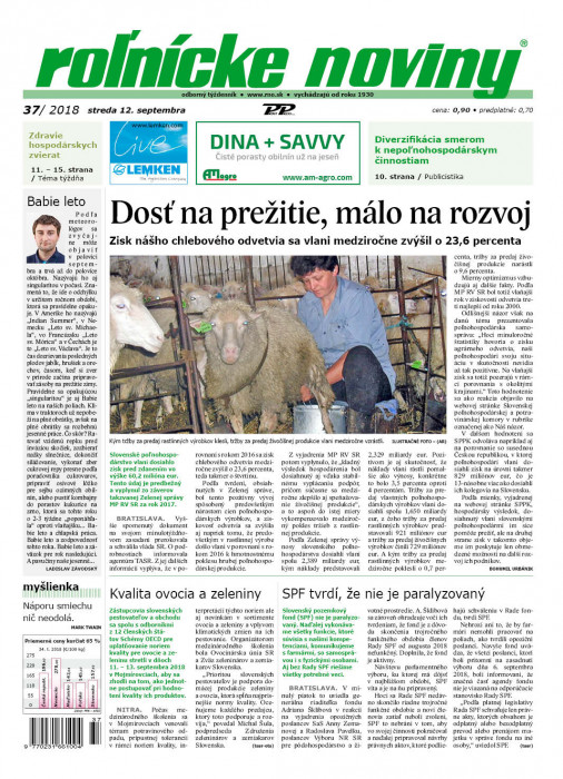 Obálka titulu Rolnické noviny - vydanie č. 37/2018