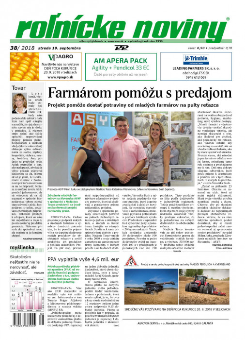 Obálka titulu Rolnické noviny - vydanie č. 38/2018