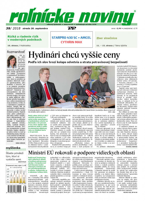 Obálka titulu Rolnické noviny - vydanie č. 39/2018