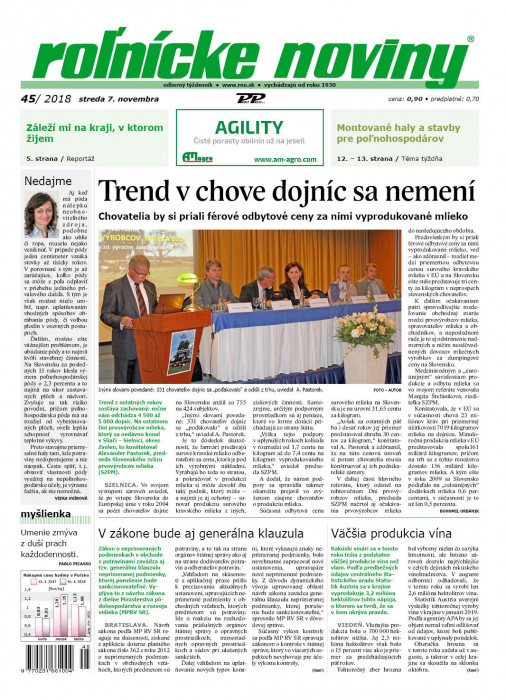 Obálka titulu Rolnické noviny - vydanie č. 45/2018