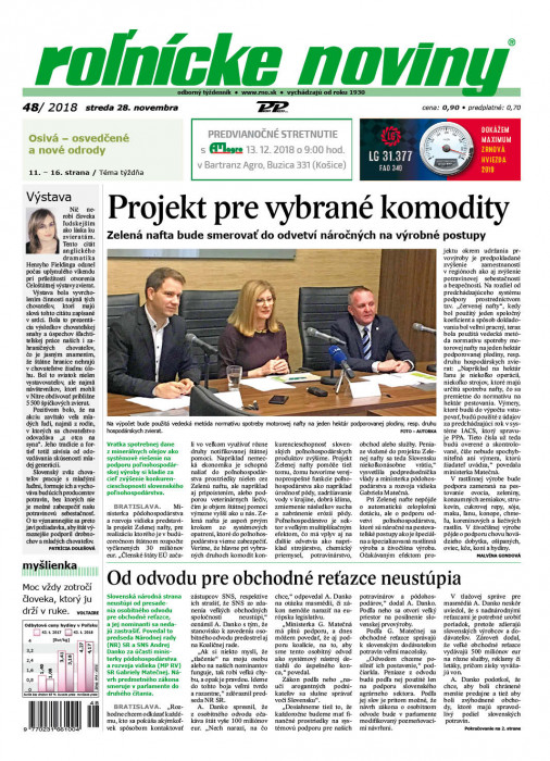 Obálka titulu Rolnické noviny - vydanie č. 48/2018