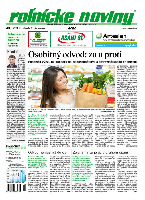 Obálka titulu Rolnické noviny - vydanie č. 49/2018