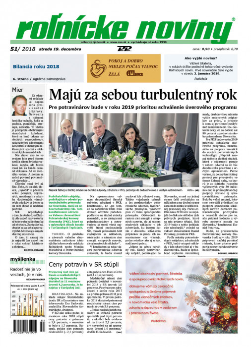 Obálka titulu Rolnické noviny - vydanie č. 51/2018