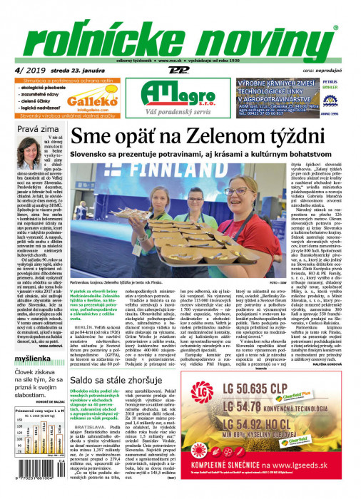 Obálka titulu Rolnické noviny - vydanie č. 4/2019