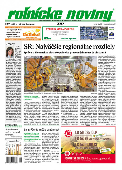 Obálka titulu Rolnické noviny - vydanie č. 10/2019