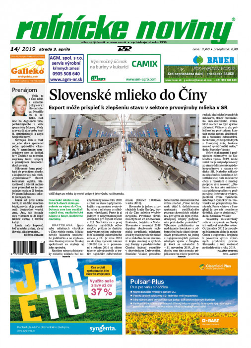 Obálka titulu Rolnické noviny - vydanie č. 14/2019