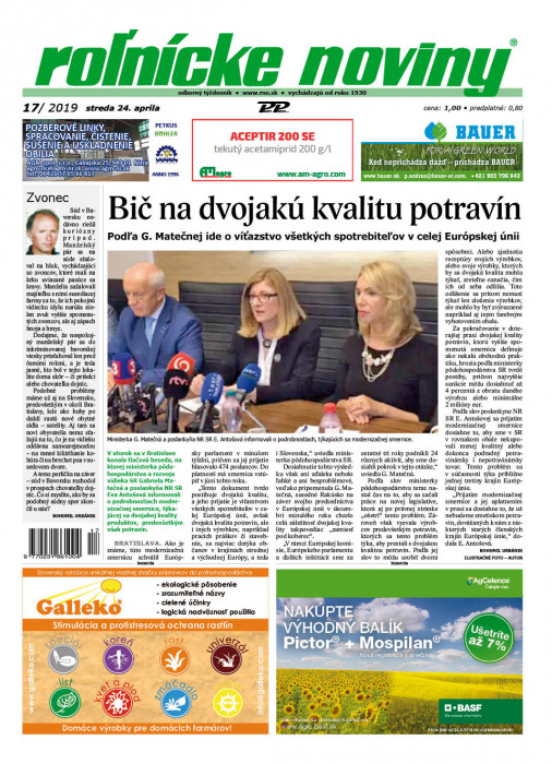 Obálka titulu Rolnické noviny - vydanie č. 17/2019