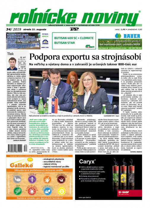 Obálka titulu Rolnické noviny - vydanie č. 34/2019