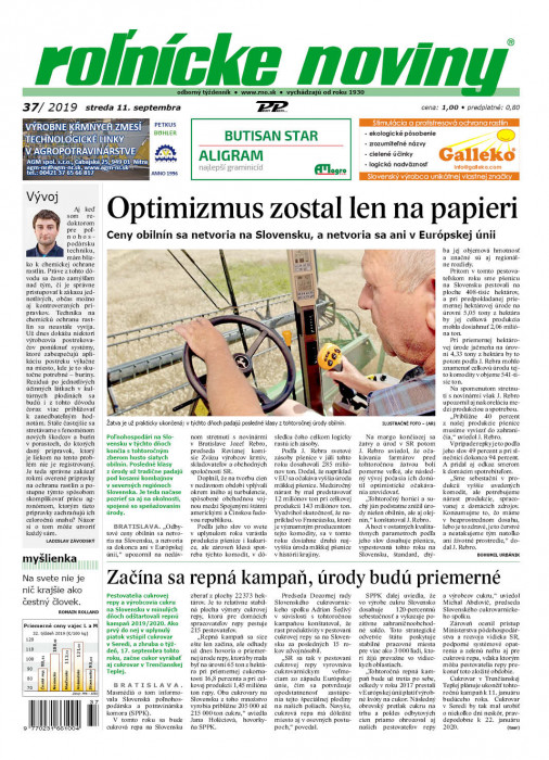 Obálka titulu Rolnické noviny - vydanie č. 37/2019