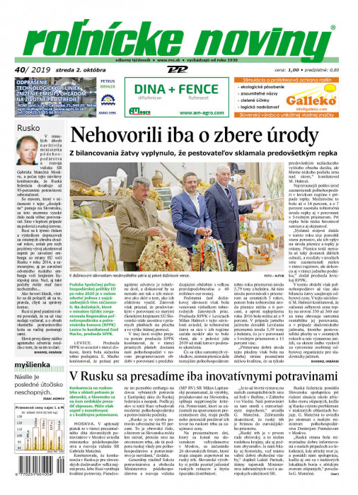 Obálka titulu Rolnické noviny - vydanie č. 40/2019