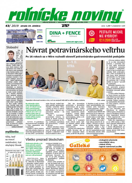 Obálka titulu Rolnické noviny - vydanie č. 43/2019
