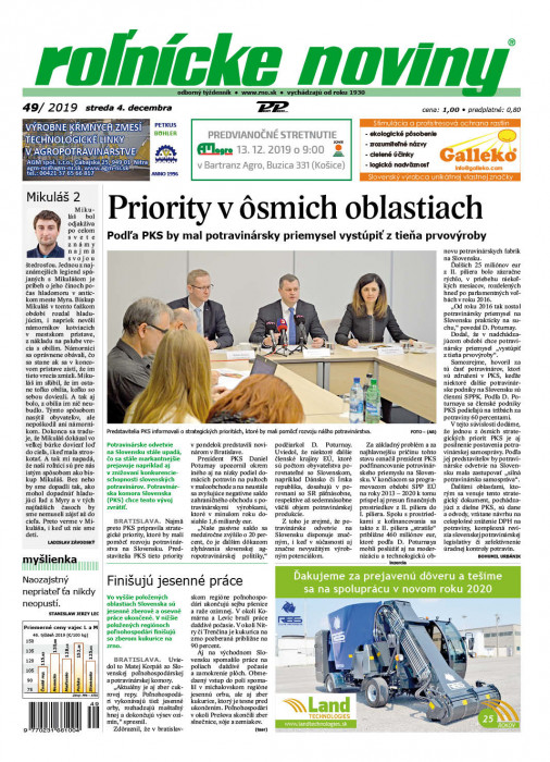 Obálka titulu Rolnické noviny - vydanie č. 49/2019