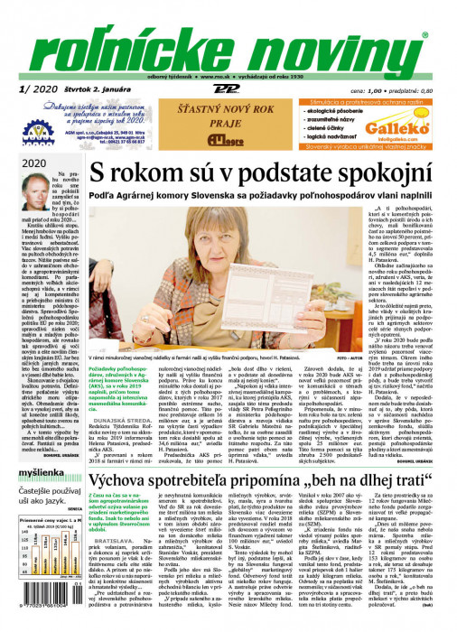 Obálka titulu Rolnické noviny - vydanie č. 1/2020