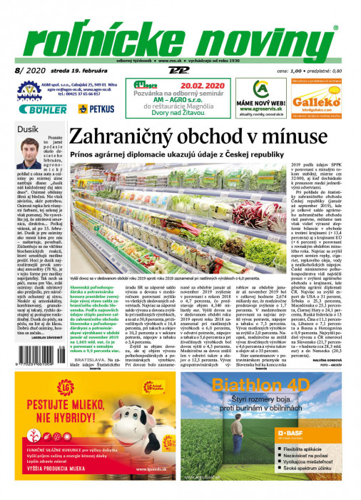 Obálka titulu Rolnické noviny - vydanie č. 8/2020