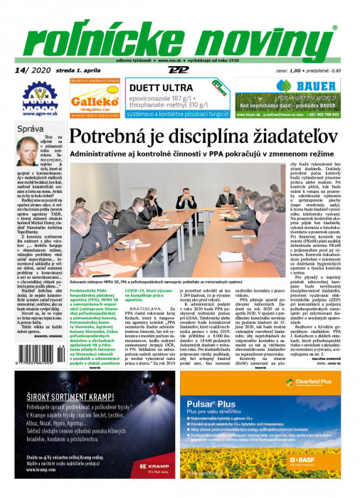Obálka titulu Rolnické noviny - vydanie č. 14/2020