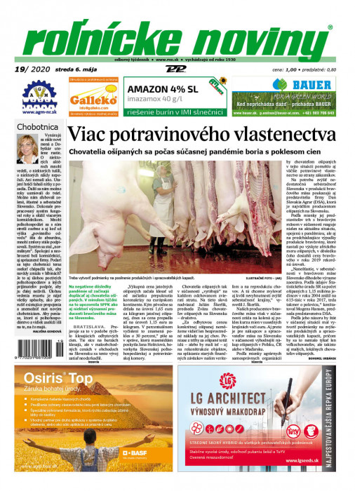 Obálka titulu Rolnické noviny - vydanie č. 19/2020