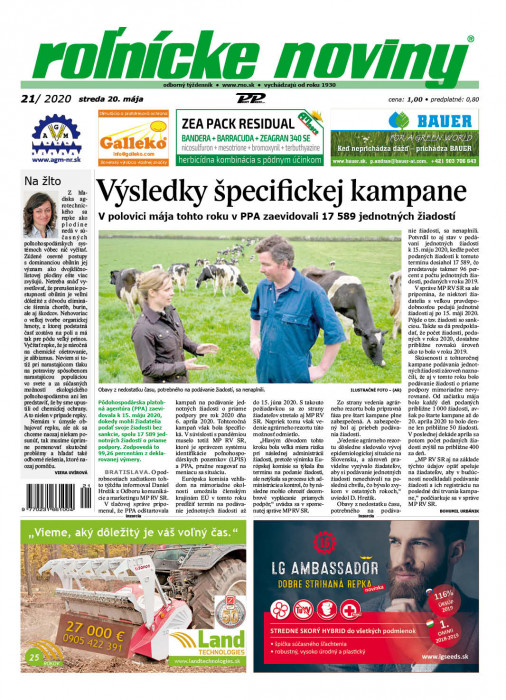 Obálka titulu Rolnické noviny - vydanie č. 21/2020