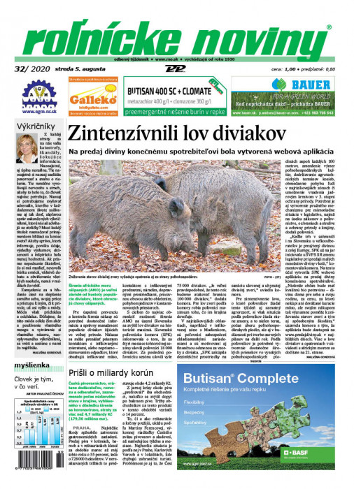 Obálka titulu Rolnické noviny - vydanie č. 32/2020