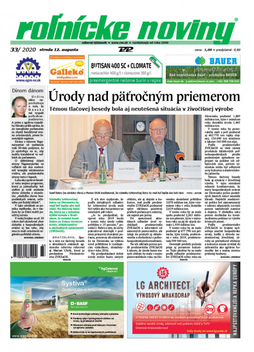 Obálka titulu Rolnické noviny - vydanie č. 33/2020
