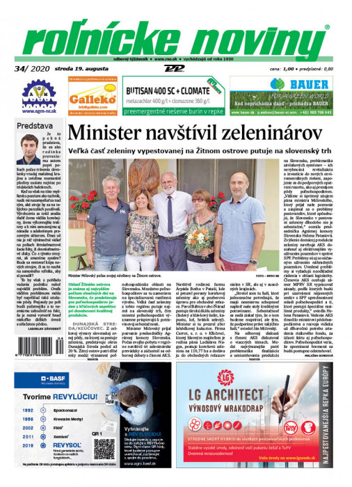 Obálka titulu Rolnické noviny - vydanie č. 34/2020