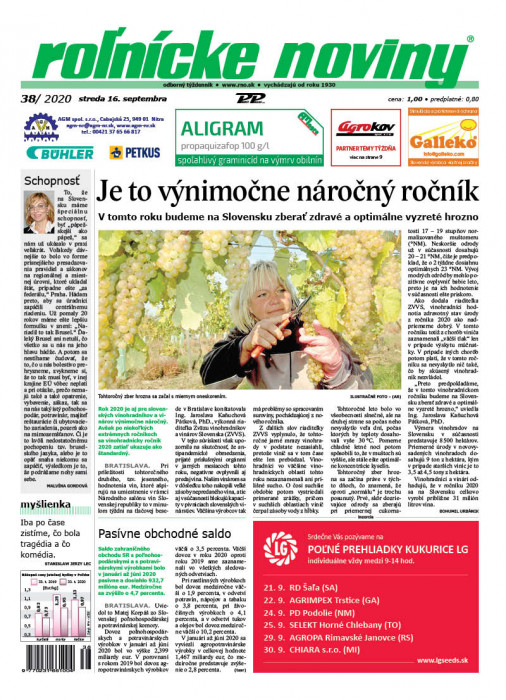 Obálka titulu Rolnické noviny - vydanie č. 38/2020