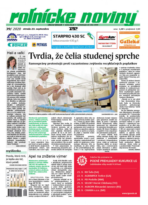 Obálka titulu Rolnické noviny - vydanie č. 39/2020