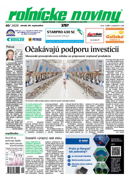 Obálka titulu Rolnické noviny - vydanie č. 40/2020