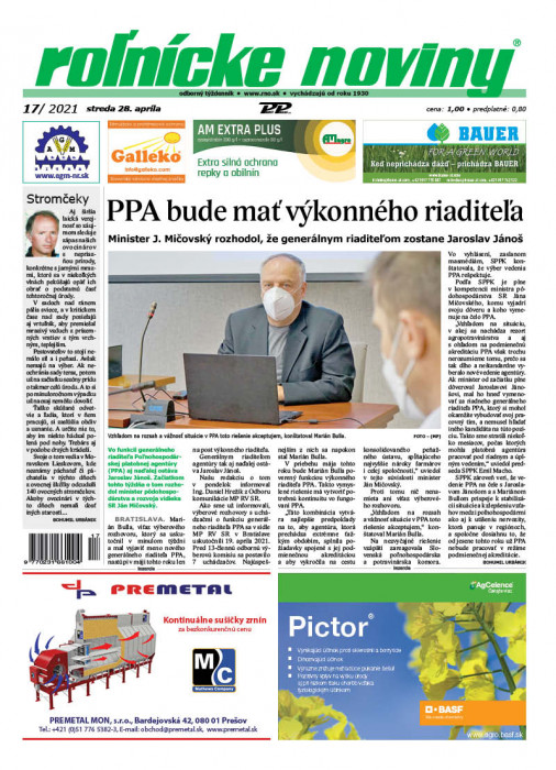 Obálka titulu Rolnické noviny - vydanie č. 17/2021