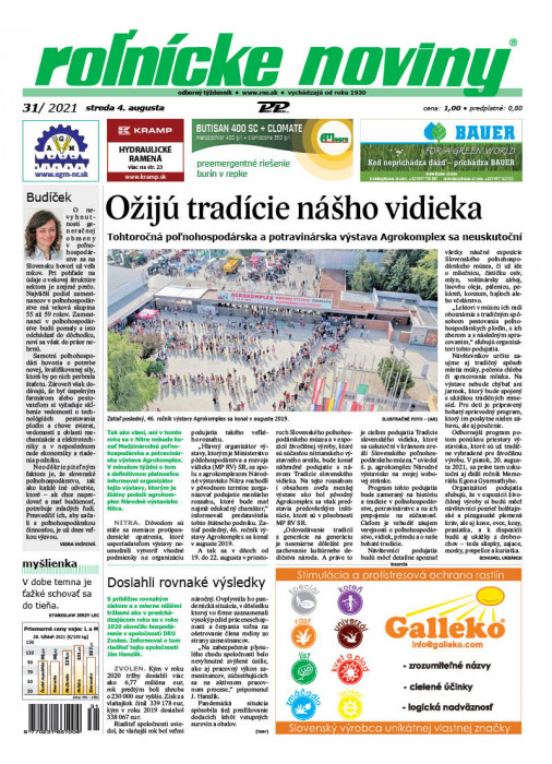 Obálka titulu Rolnické noviny - vydanie č. 31/2021