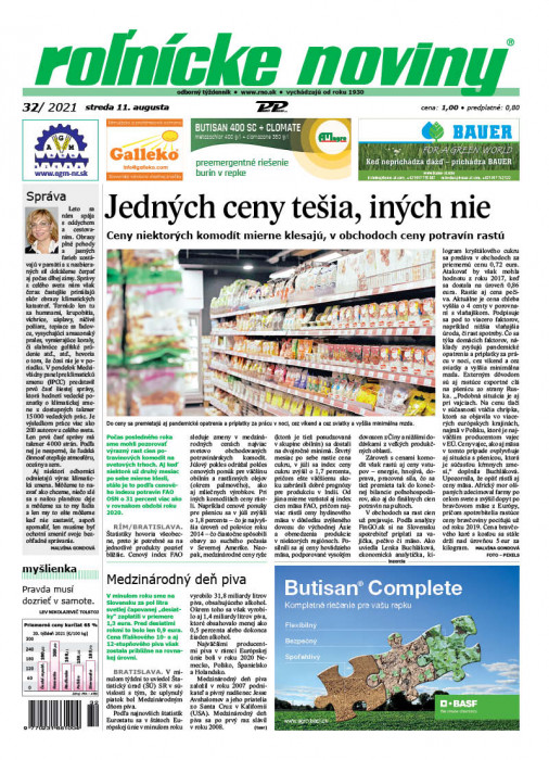 Obálka titulu Rolnické noviny - vydanie č. 32/2021