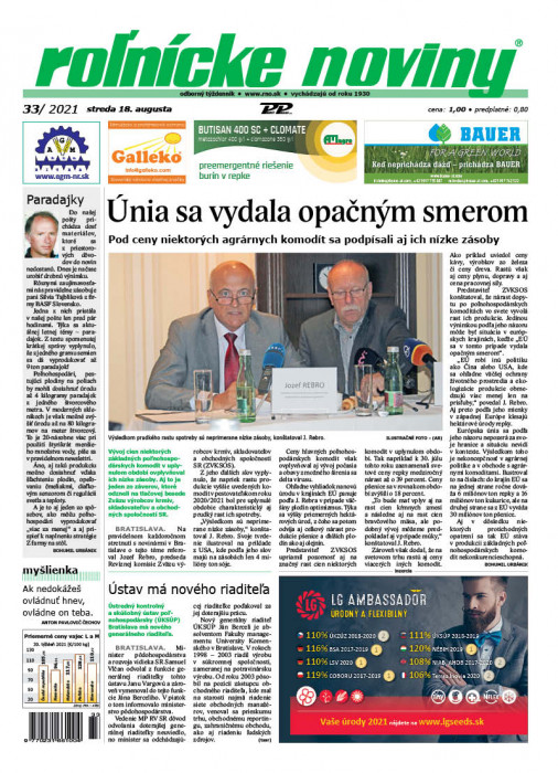 Obálka titulu Rolnické noviny - vydanie č. 33/2021