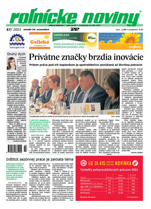 Obálka titulu Rolnické noviny - vydanie č. 47/2021