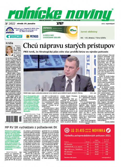 Obálka titulu Rolnické noviny - vydanie č. 3/2022