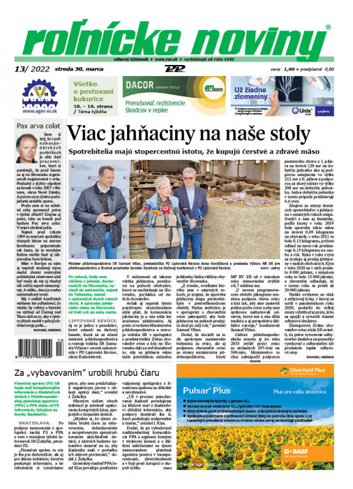 Obálka titulu Rolnické noviny - vydanie č. 13/2022