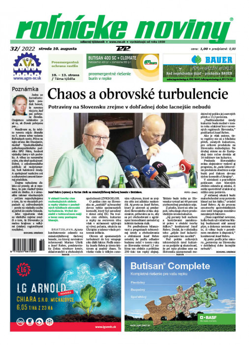 Obálka titulu Rolnické noviny - vydanie č. 32/2022