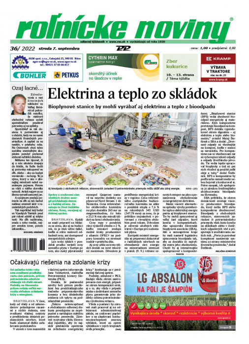 Obálka titulu Rolnické noviny - vydanie č. 36/2022