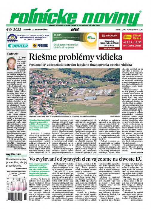 Obálka titulu Rolnické noviny - vydanie č. 44/2022