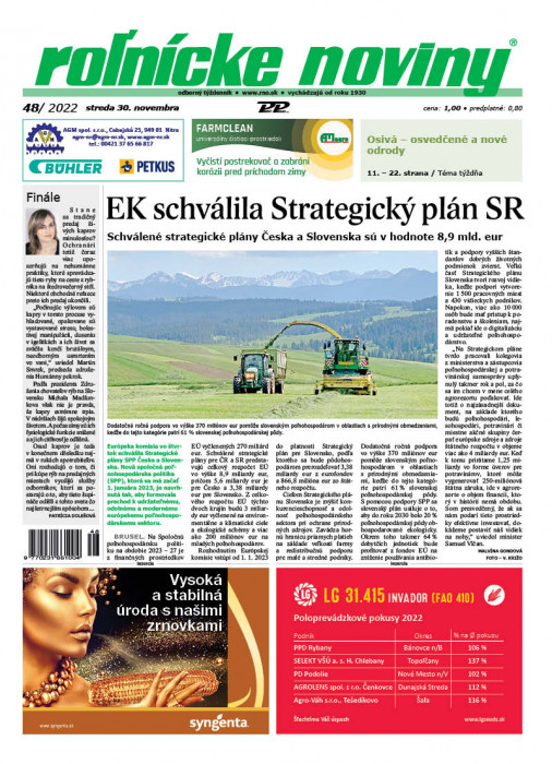 Obálka titulu Rolnické noviny - vydanie č. 48/2022