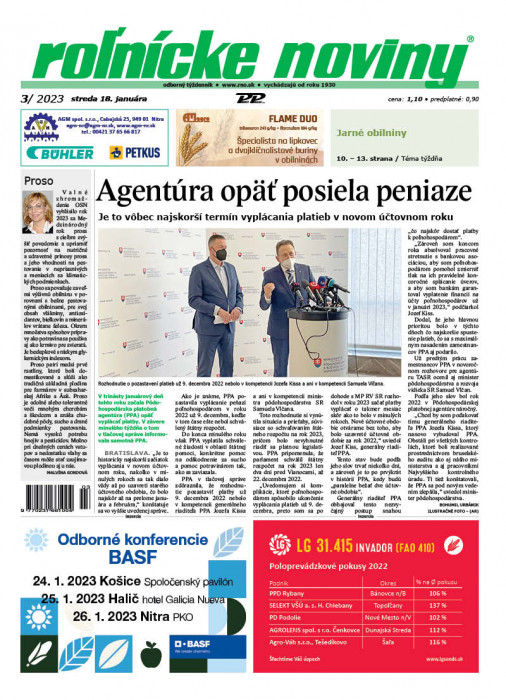 Obálka titulu Rolnické noviny - vydanie č. 3/2023
