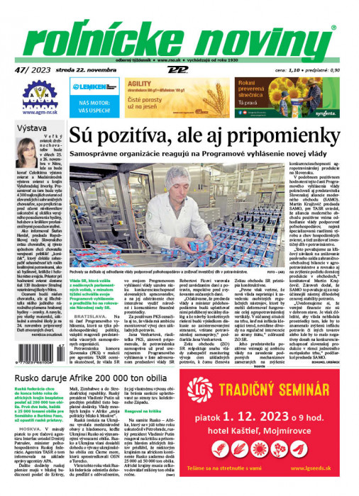 Obálka titulu Rolnické noviny - vydanie č. 47/2023