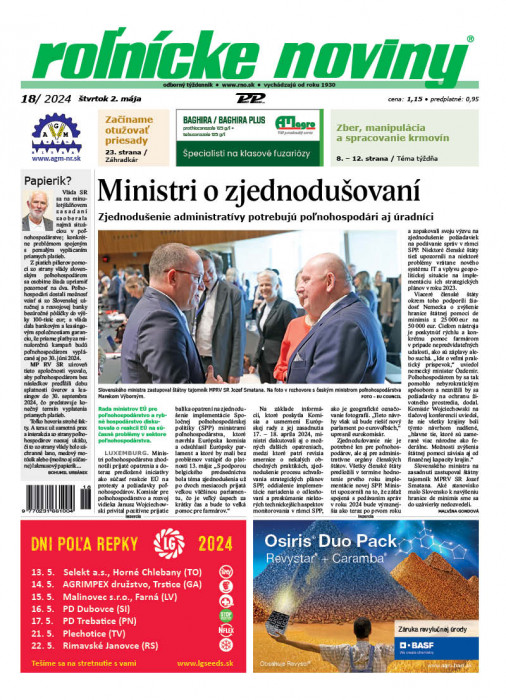 Obálka titulu Rolnické noviny - vydanie č. 18/2024