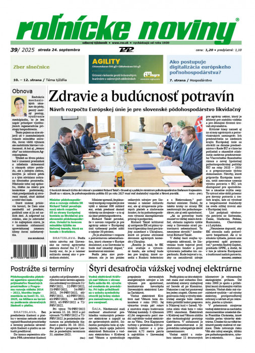 Obálka titulu Rolnické noviny - vydanie č. 39/2025