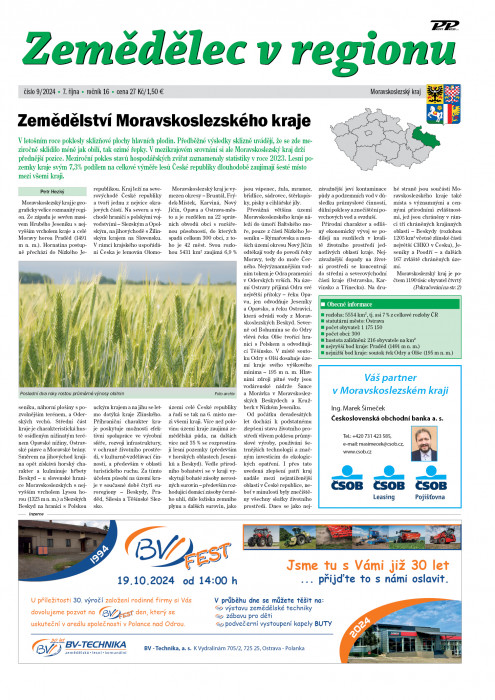 Obálka titulu Zemědělec v regionu - vydanie č. 9/2024